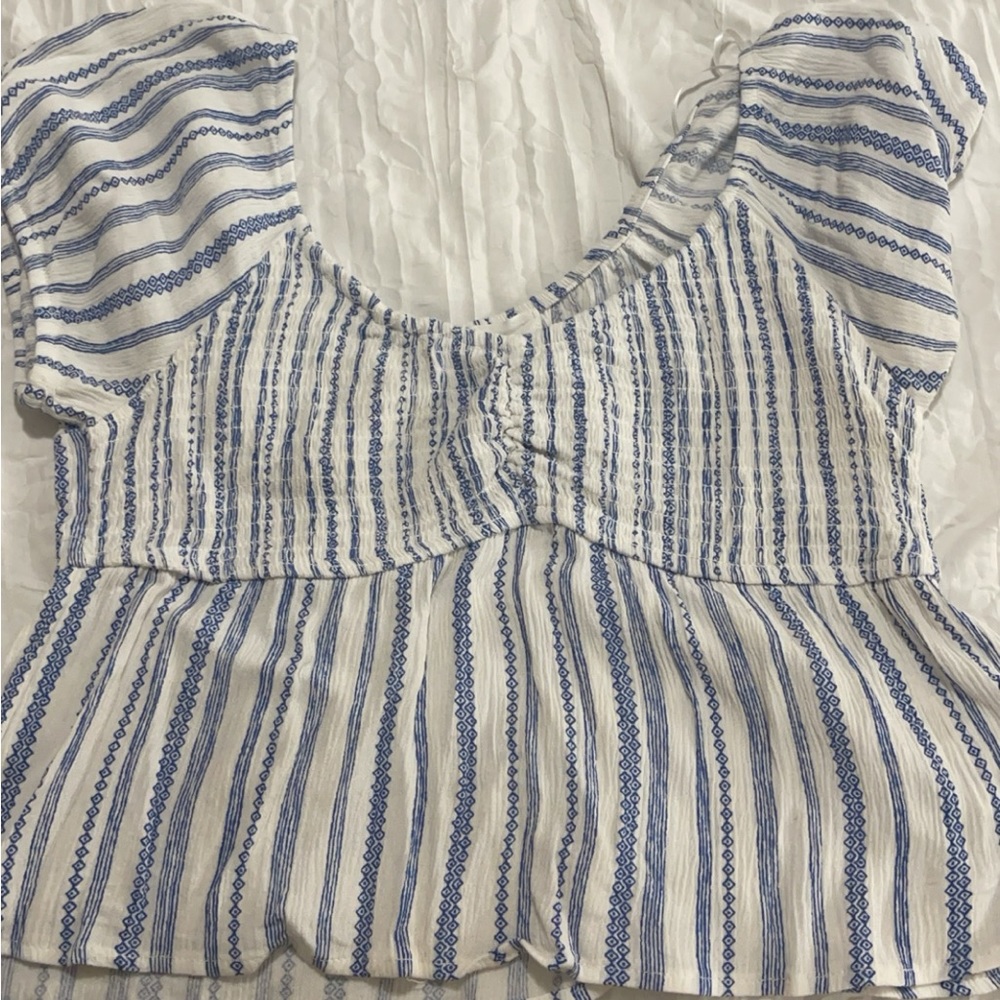 blue and white striped blouse